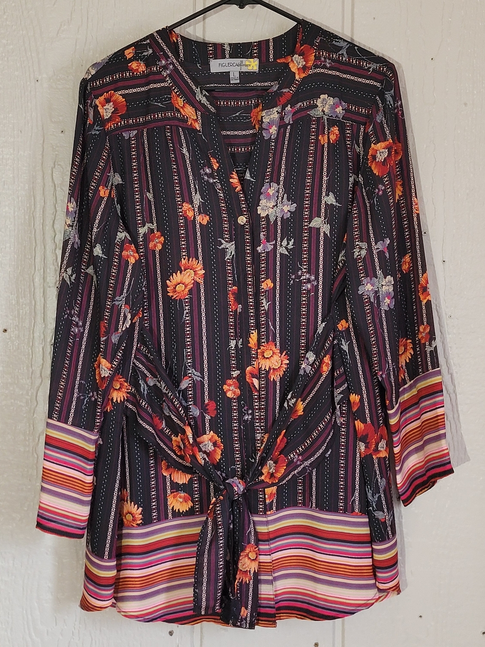 Black Floral Stripe Tie-Front Button Shirt